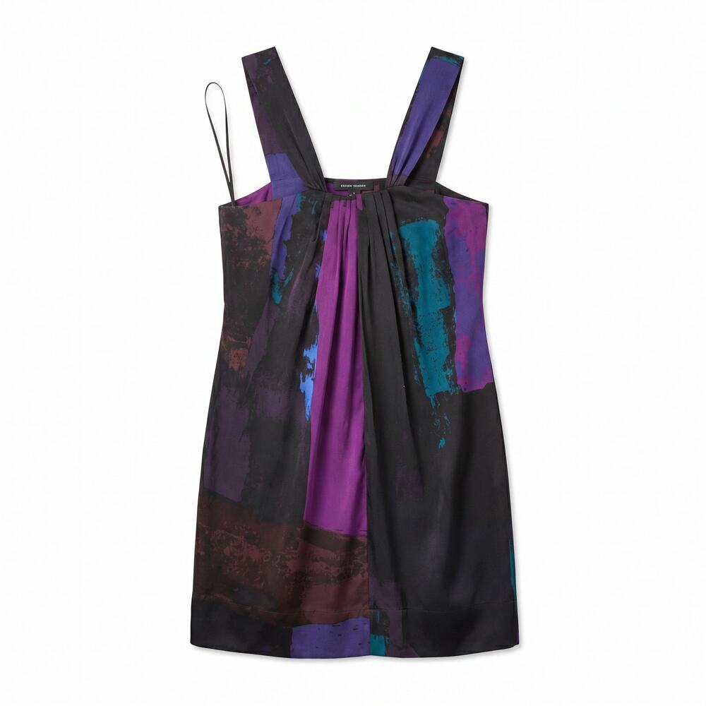 Banana Republic 92% Silk Watercolor Abstract Draped Mini Dress | Black Purple